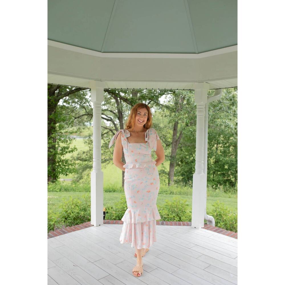 NEW MABLE bow-tiful cropped ruffle midi skirt set in pink